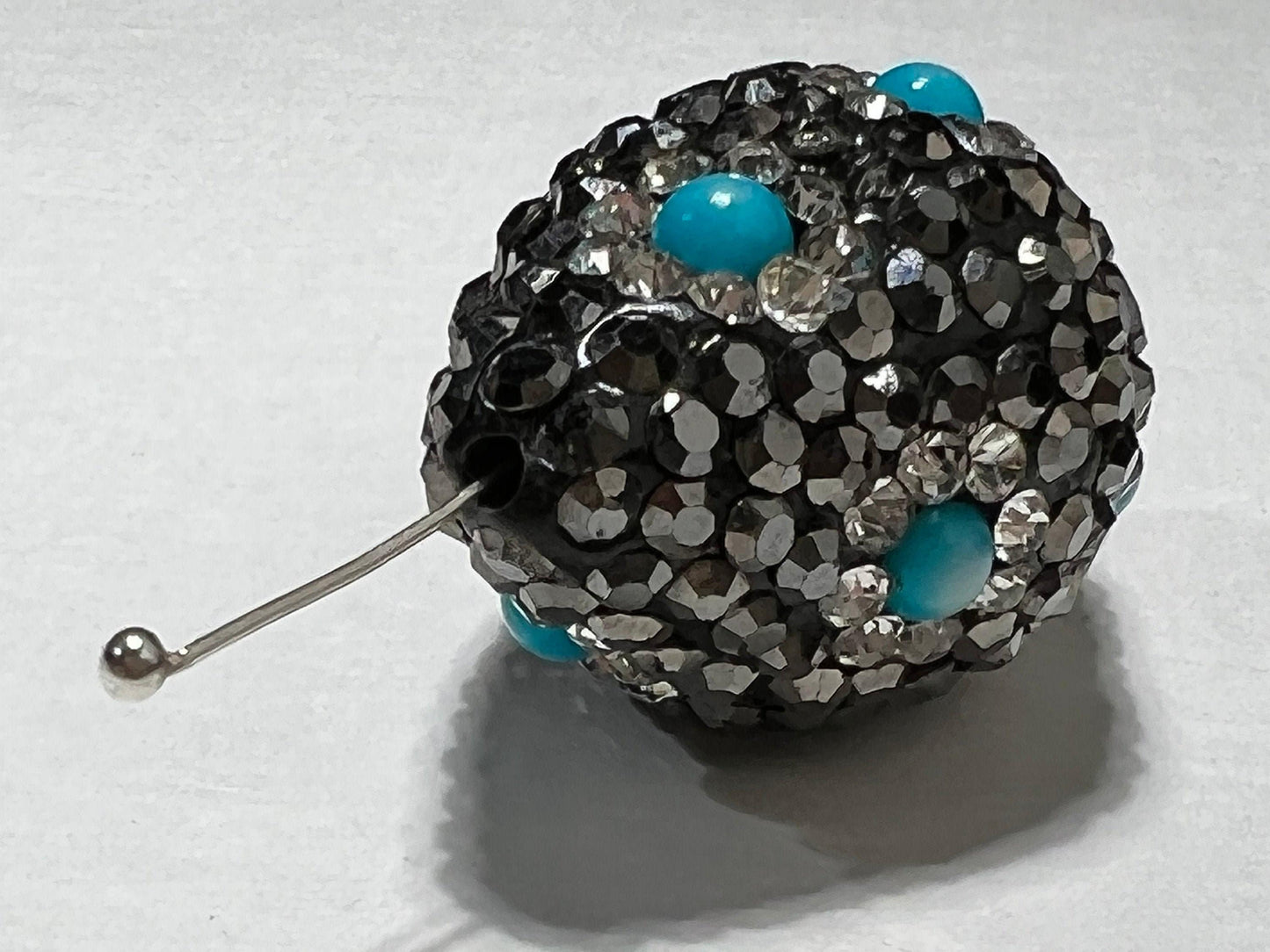 Pearl and Turquoise with Gold & Black Crystal Pave Rhinestone Handmade Fancy Focal Bead, 30-35mm Long, 1 pc, Jewelry Making Bling Bead