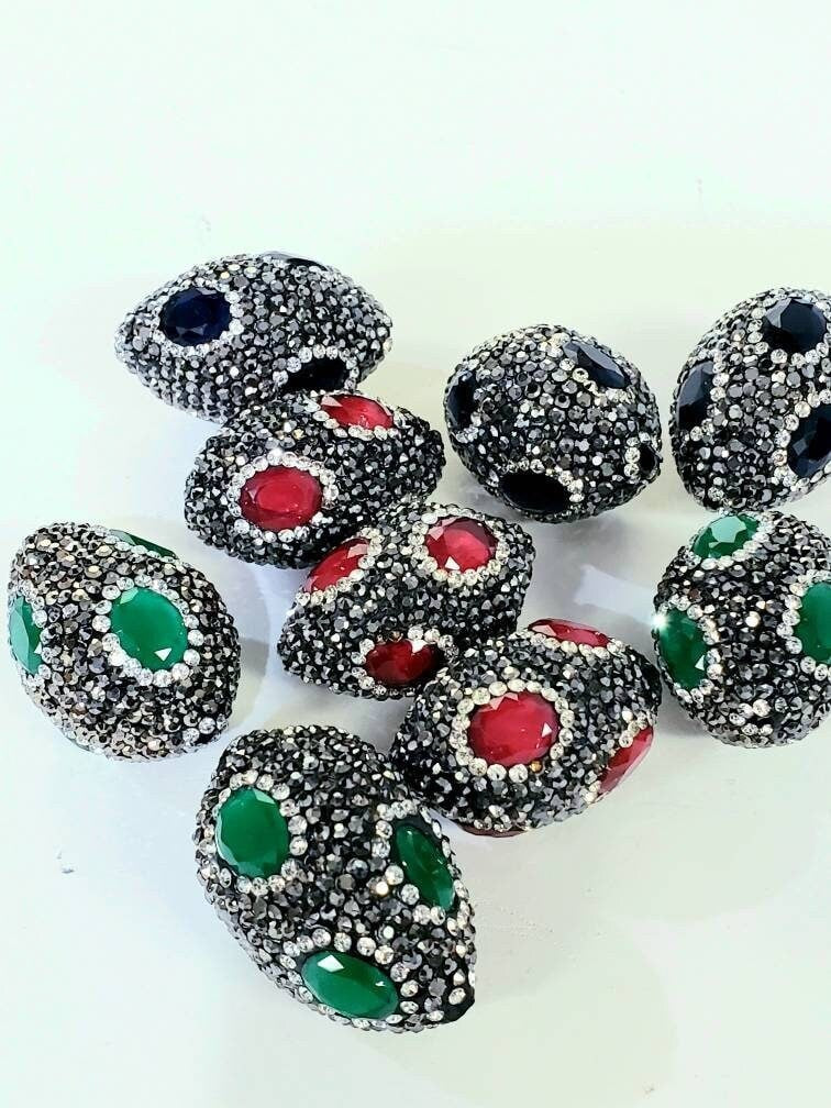 Ruby (20x31mm),sapphire (22x31mm),Emerald (22x34mm) crystal quartz pave inlaid with black, white crystal oval connector, Focal bead, Bling