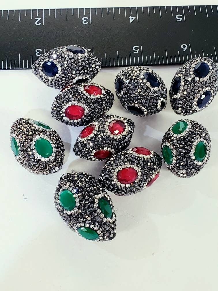 Ruby (20x31mm),sapphire (22x31mm),Emerald (22x34mm) crystal quartz pave inlaid with black, white crystal oval connector, Focal bead, Bling