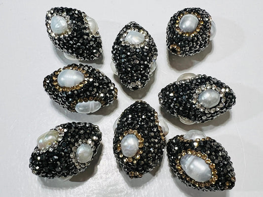 Freshwater Keshi Pearl, Inlaid Black Rhinestone Crystal Handmade Fancy Focal Bead, 17x24mm, 1 pc, Jewelry Making Bling Oval Spacer Bead