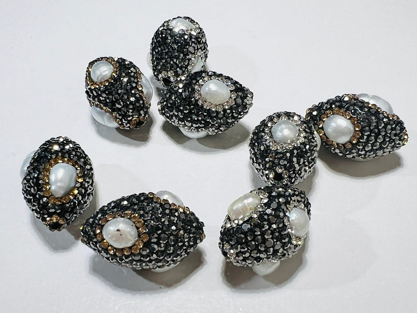 Freshwater Keshi Pearl, Inlaid Black Rhinestone Crystal Handmade Fancy Focal Bead, 17x24mm, 1 pc, Jewelry Making Bling Oval Spacer Bead