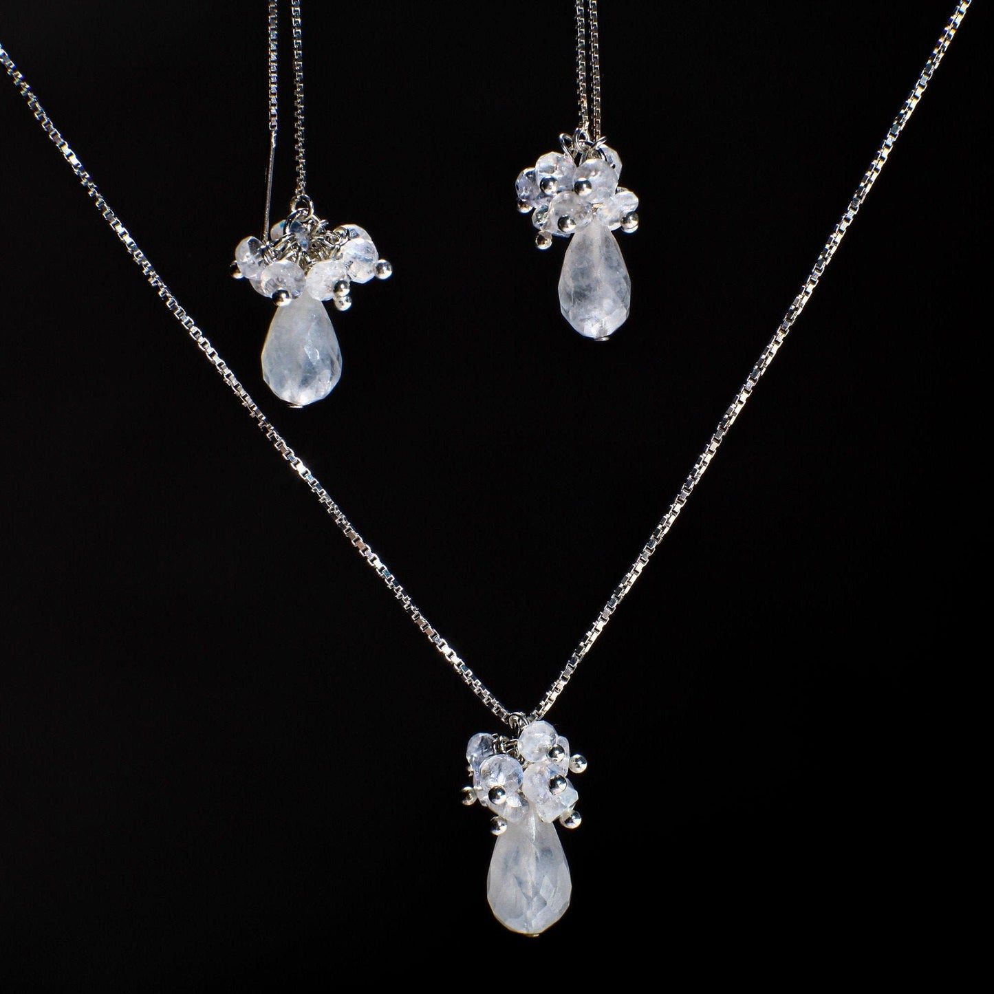 Moonstone Earrings Necklace Set, Moonstone 5" Long Threader Earrings & Pendant with Moonstone Clusters, 925 Sterling Silver Ear Wire, Chain