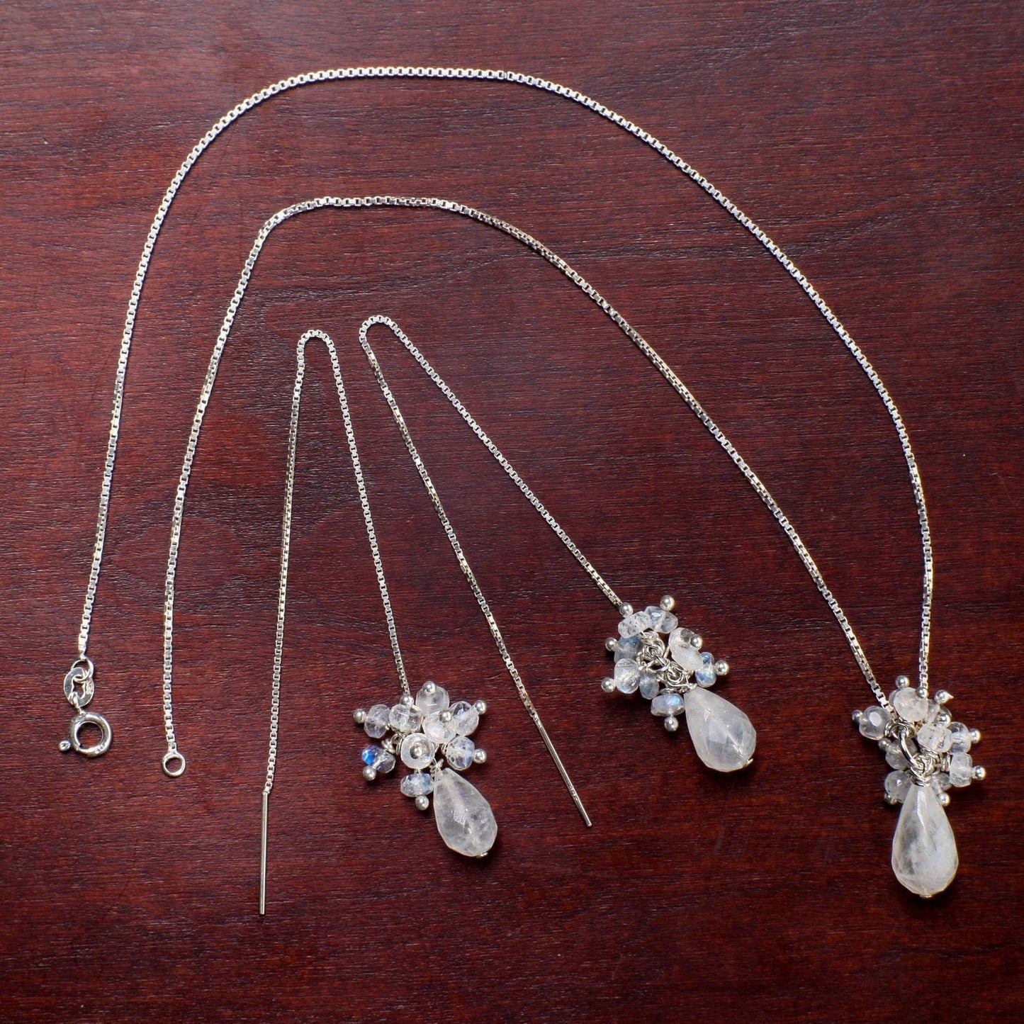 Moonstone Earrings Necklace Set, Moonstone 5" Long Threader Earrings & Pendant with Moonstone Clusters, 925 Sterling Silver Ear Wire, Chain