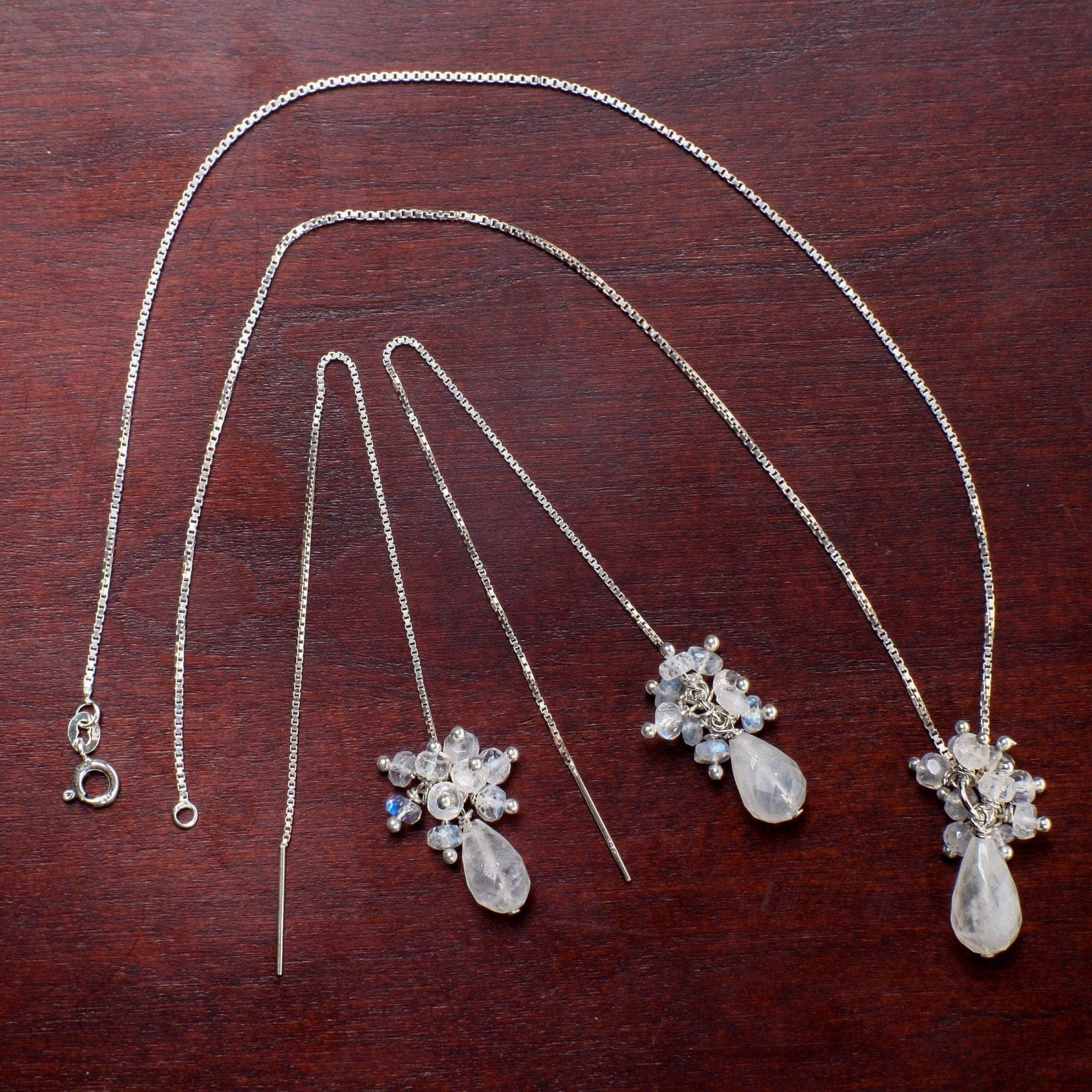 Moonstone Earrings Necklace Set, Moonstone 5" Long Threader Earrings & Pendant with Moonstone Clusters, 925 Sterling Silver Ear Wire, Chain