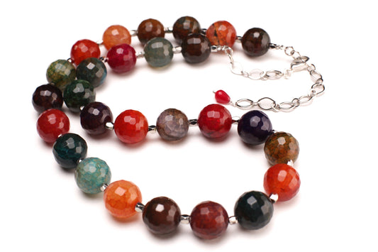 Faceted Fire Agate Natural Multi color 14mm Round Bead 20&quot; Gemstones Necklace plus 2”Extension Chain