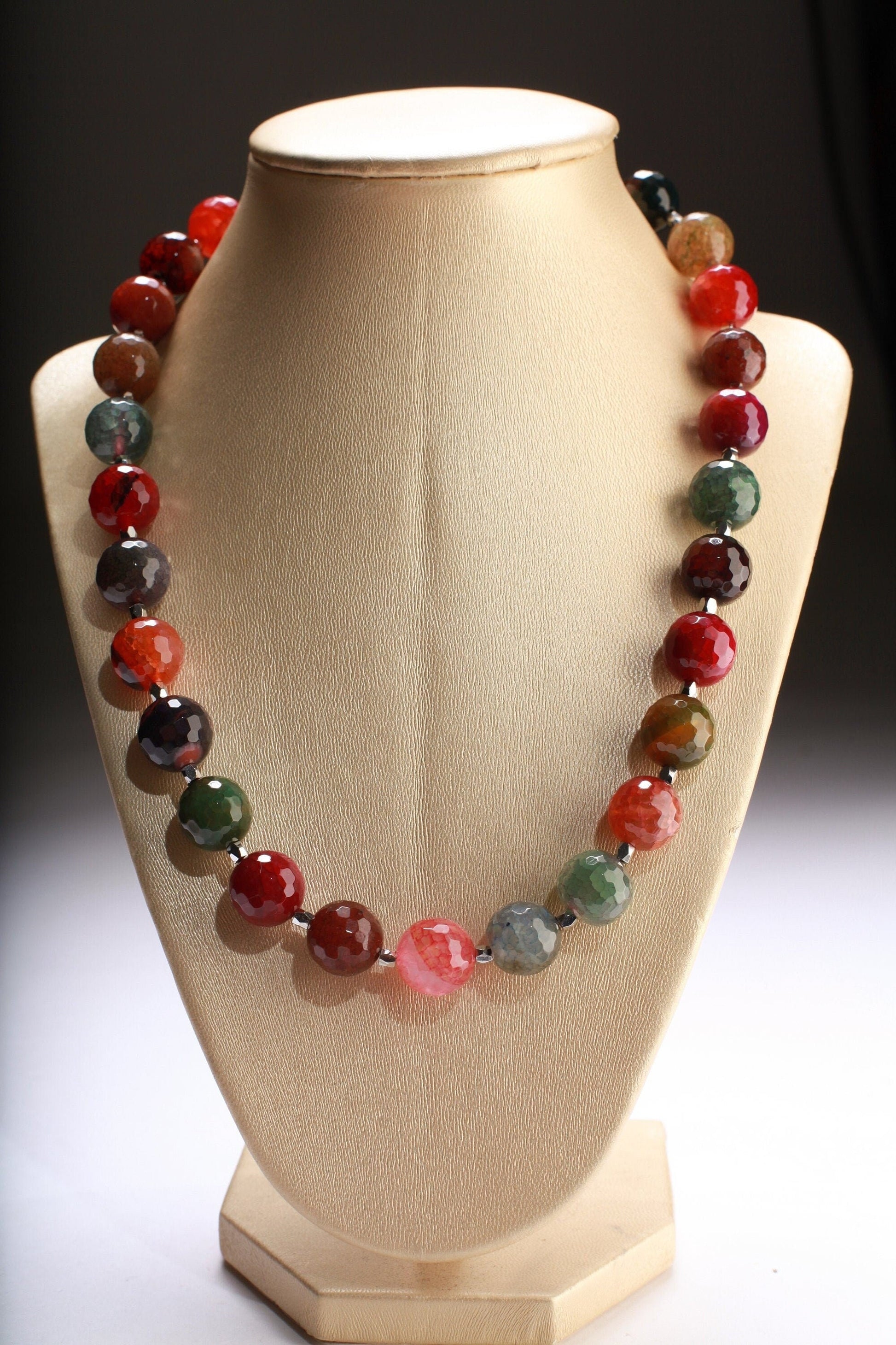 Faceted Fire Agate Natural Multi color 14mm Round Bead 20&quot; Gemstones Necklace plus 2”Extension Chain