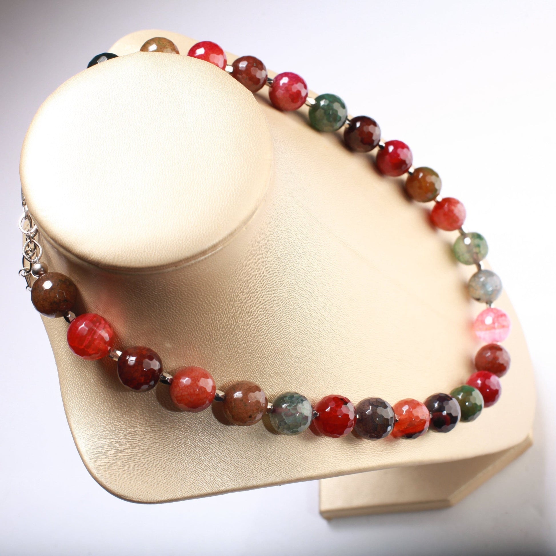 Faceted Fire Agate Natural Multi color 14mm Round Bead 20&quot; Gemstones Necklace plus 2”Extension Chain