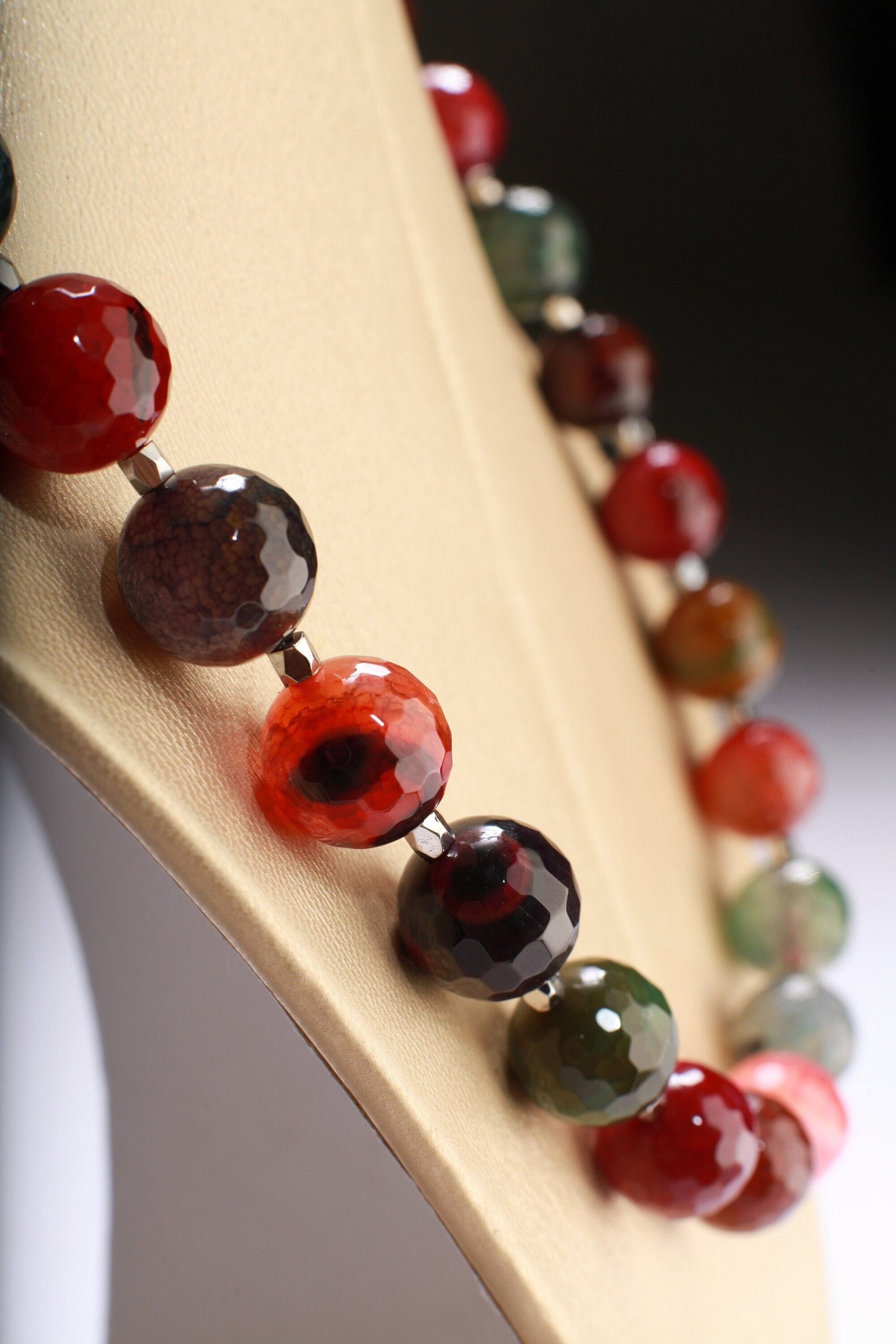Faceted Fire Agate Natural Multi color 14mm Round Bead 20&quot; Gemstones Necklace plus 2”Extension Chain