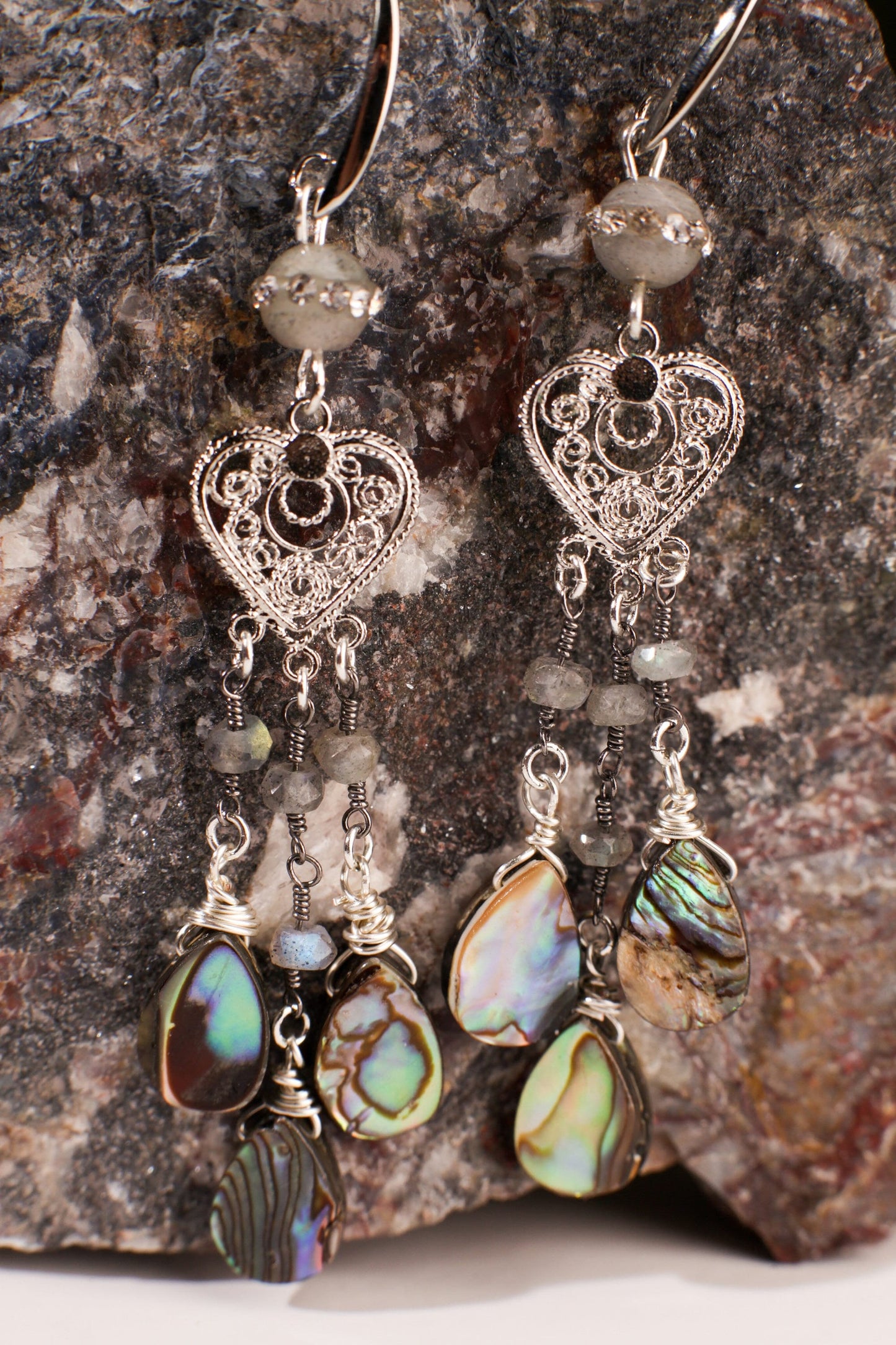 Genuine Abalone Teardrop Dangling Filigree Chandelier Heart, Faceted Labradorite Wire Wrapped Silver Earrings, Handmade Gift for Her