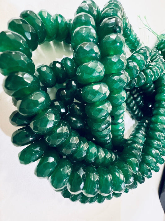 Green jade Faceted wheel shape, Tire Shape Roundel 10mm, Dark emerald green color Green onyx Jewelry Making Beads , 6.5”and 13&quot; strand