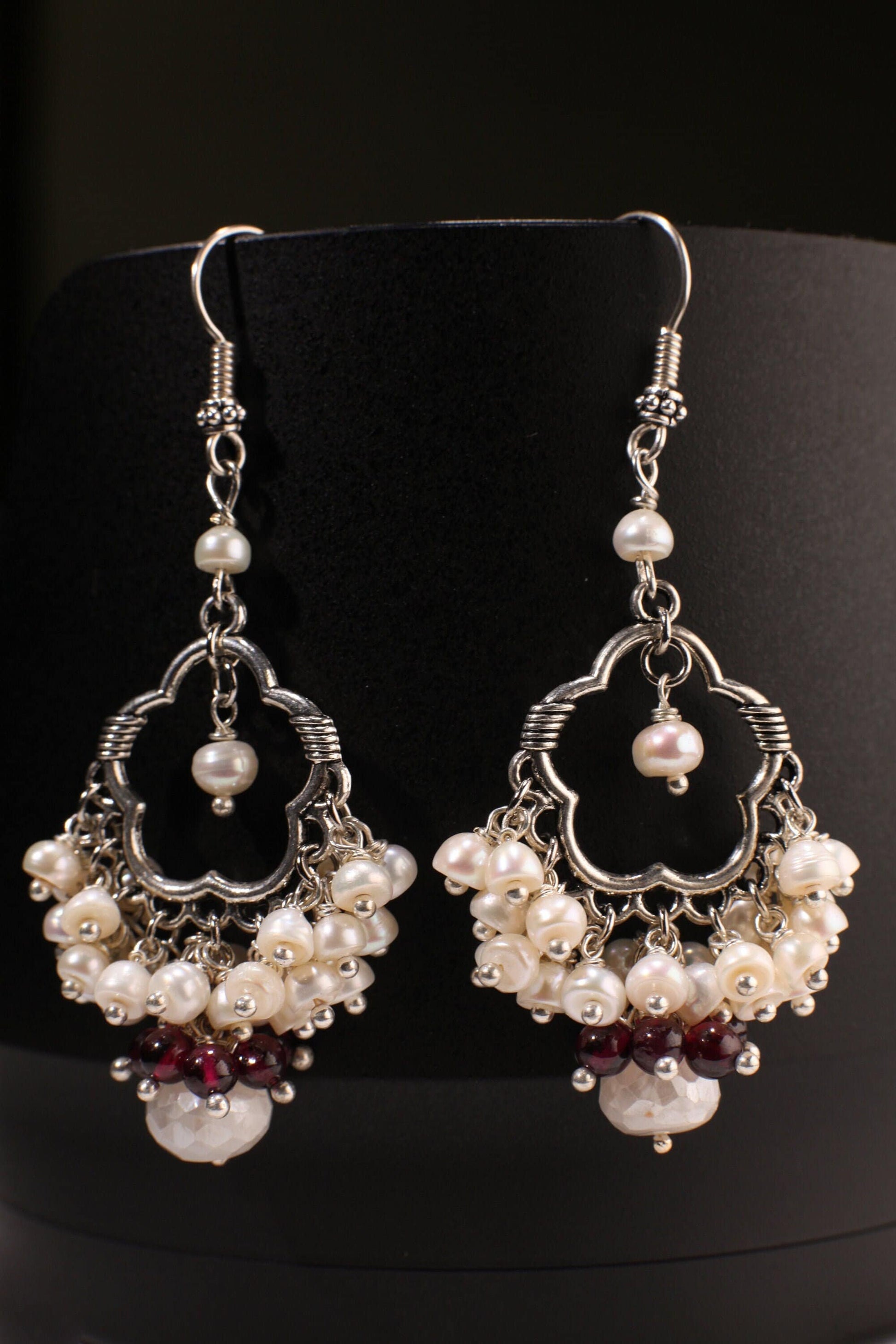 Fresh Water Pearl Clusters Chandelier Earrings Dangling 9mm Moonstone Rondel with Garnet Round Bead, 925 sterling silver Bali earwire. Gift