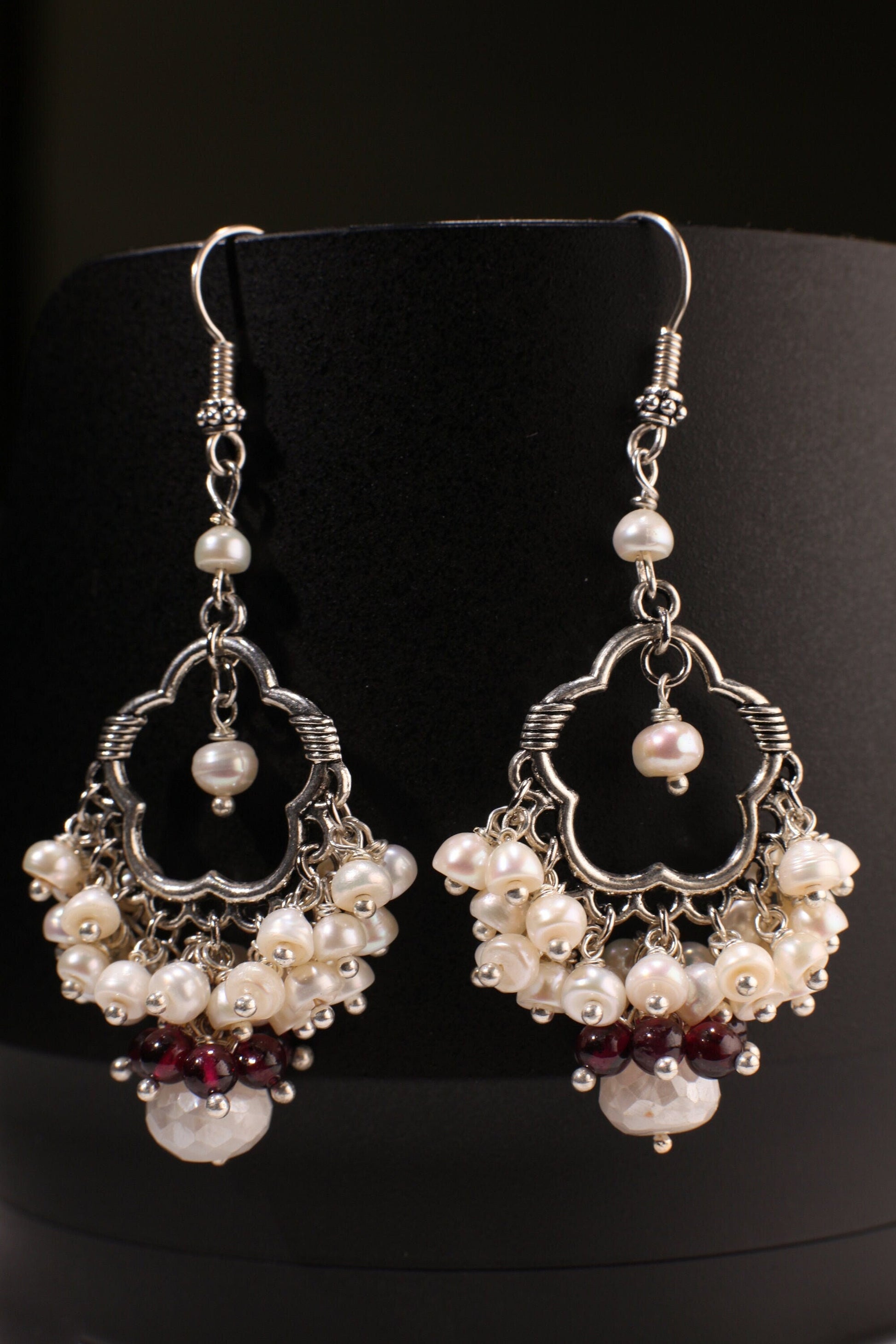 Fresh Water Pearl Clusters Chandelier Earrings Dangling 9mm Moonstone Rondel with Garnet Round Bead, 925 sterling silver Bali earwire. Gift