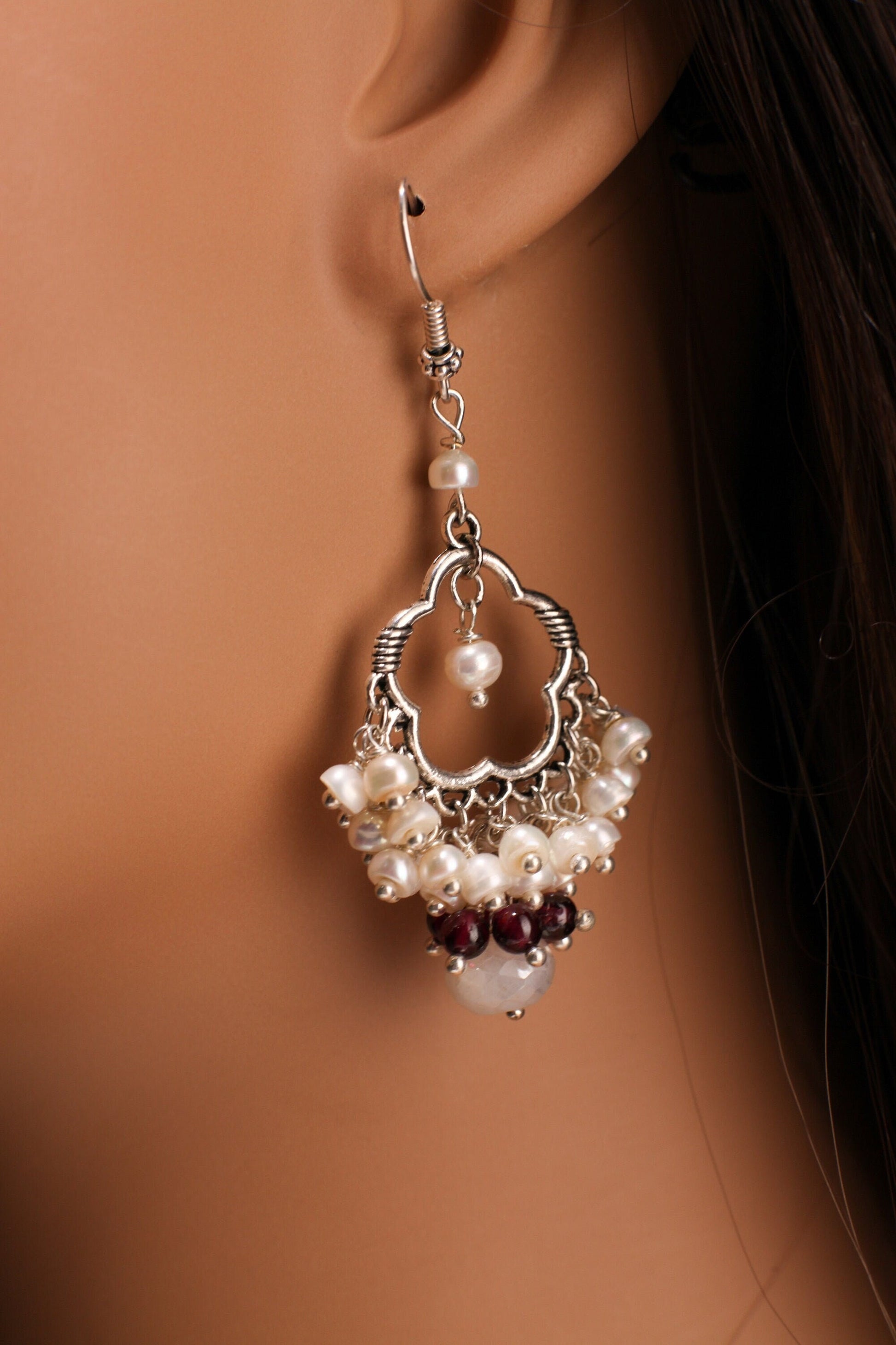 Fresh Water Pearl Clusters Chandelier Earrings Dangling 9mm Moonstone Rondel with Garnet Round Bead, 925 sterling silver Bali earwire. Gift