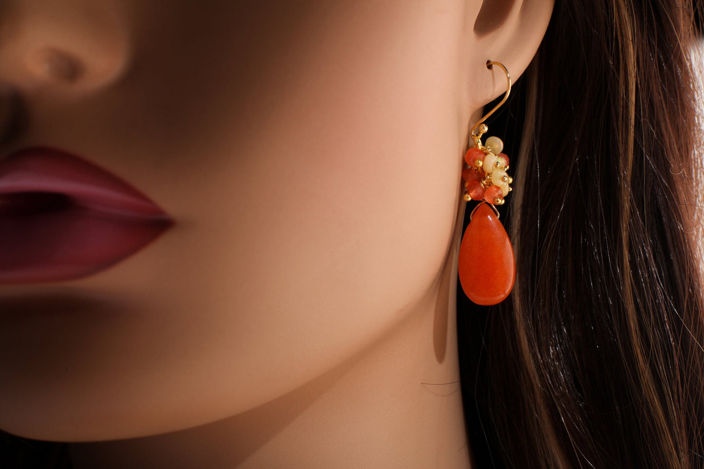 Carnelian, Ethiopian Opal Clusters, Carnelian Large Pear Drop Wire Wrapped in. 14k Gold filled earring Handmade Gift