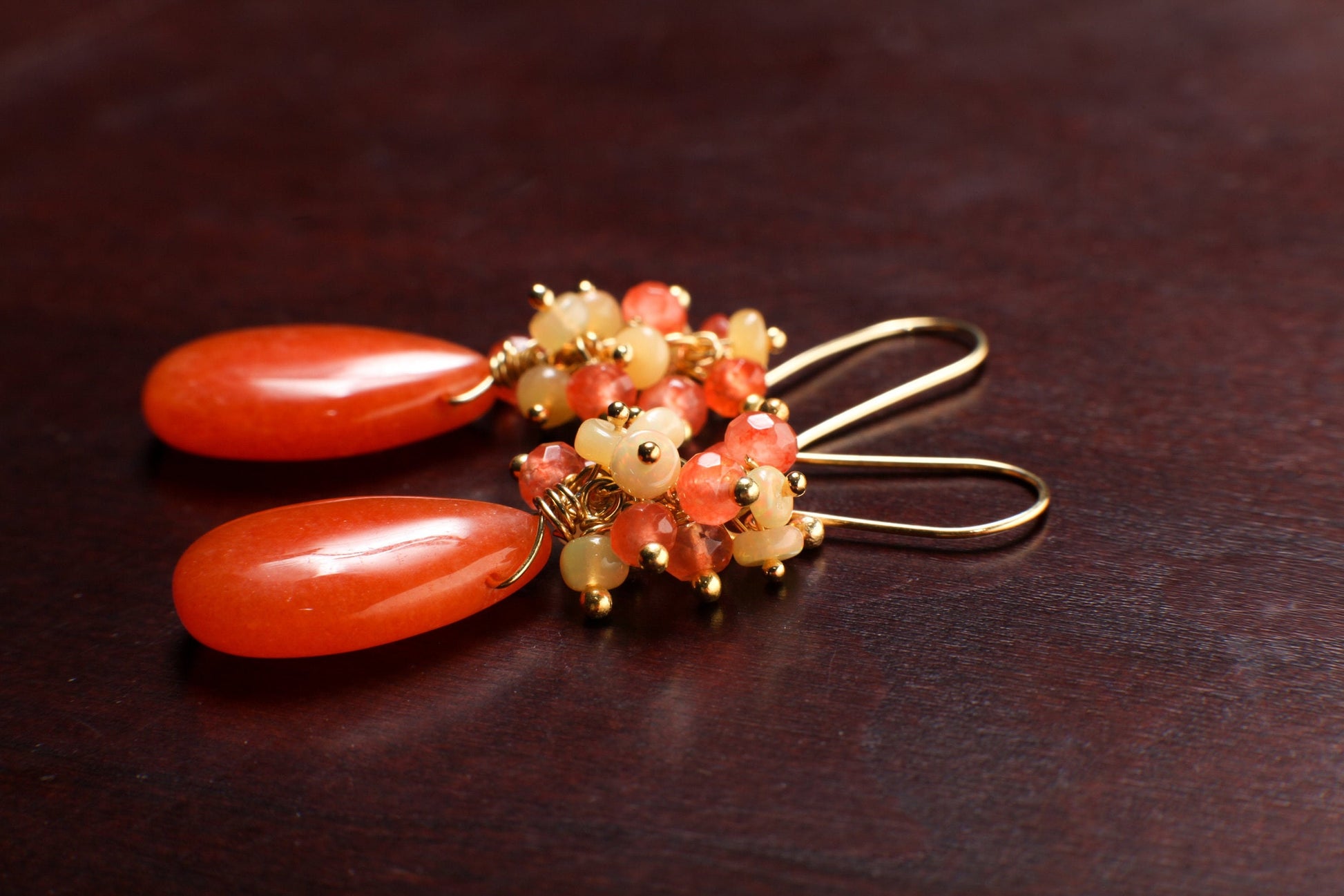 Carnelian, Ethiopian Opal Clusters, Carnelian Large Pear Drop Wire Wrapped in. 14k Gold filled earring Handmade Gift