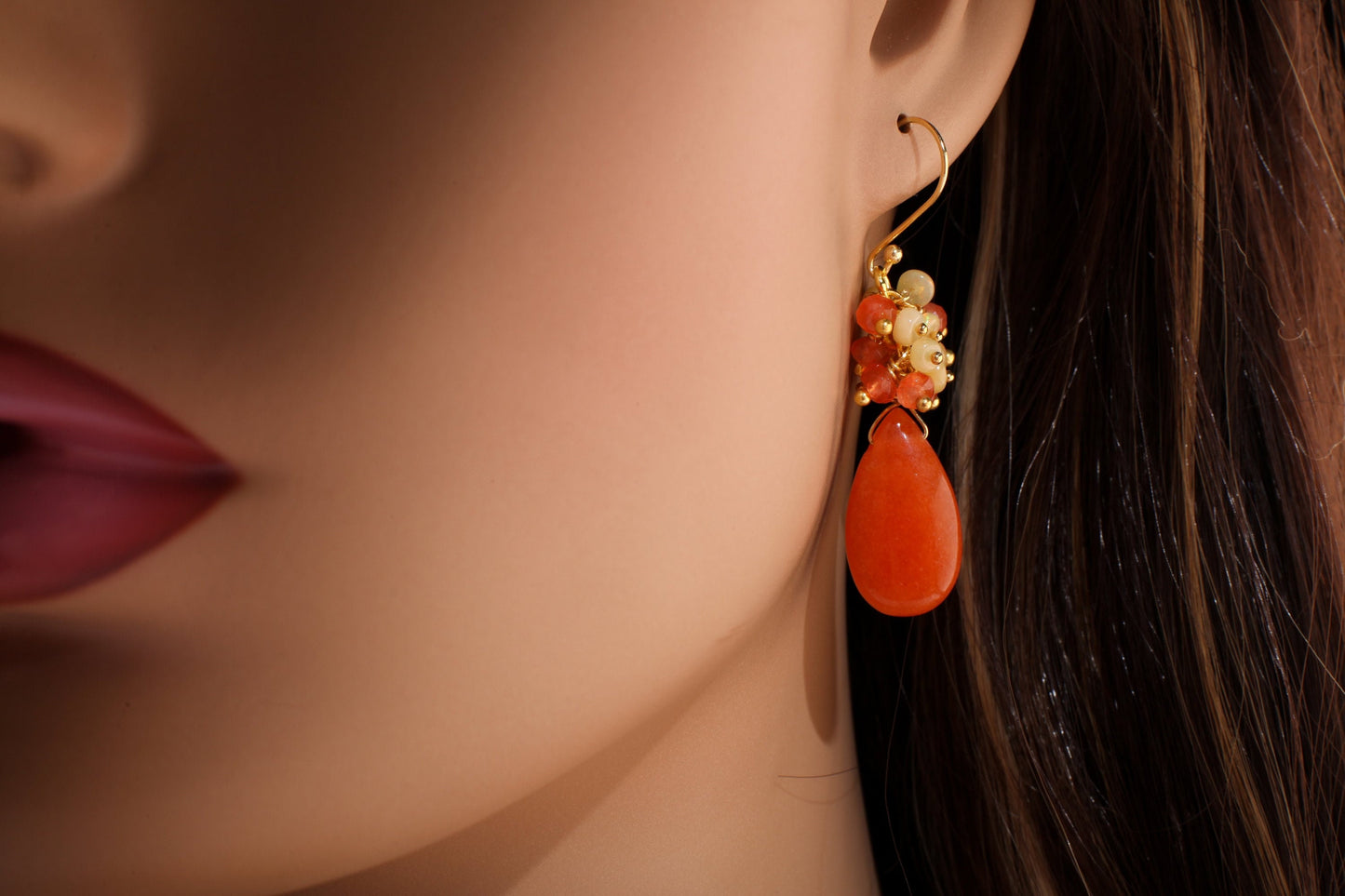 Carnelian, Ethiopian Opal Clusters, Carnelian Large Pear Drop Wire Wrapped in. 14k Gold filled earring Handmade Gift