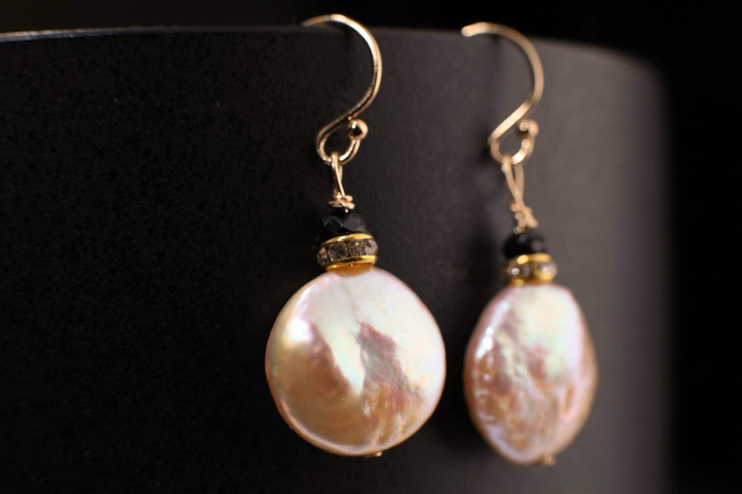 Natural Freshwater 13mm Coin Pearl.Peachy pink High Luster Dangling Wire Wrapped, Gold Filled or Sterling Silver earrings