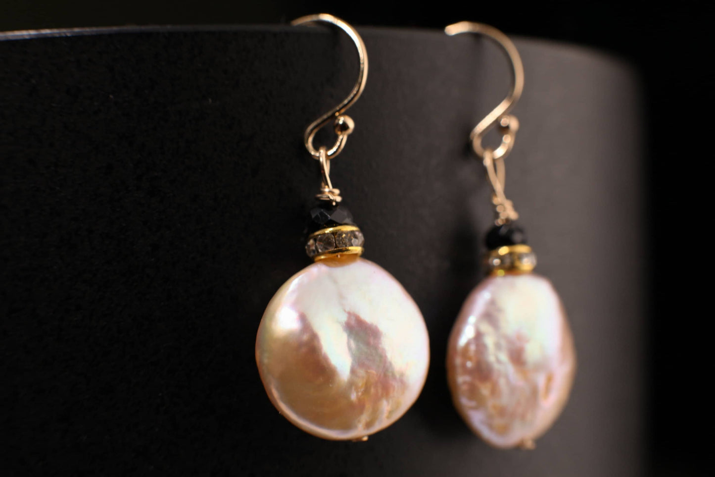 Natural Freshwater 13mm Coin Pearl.Peachy pink High Luster Dangling Wire Wrapped, Gold Filled or Sterling Silver earrings