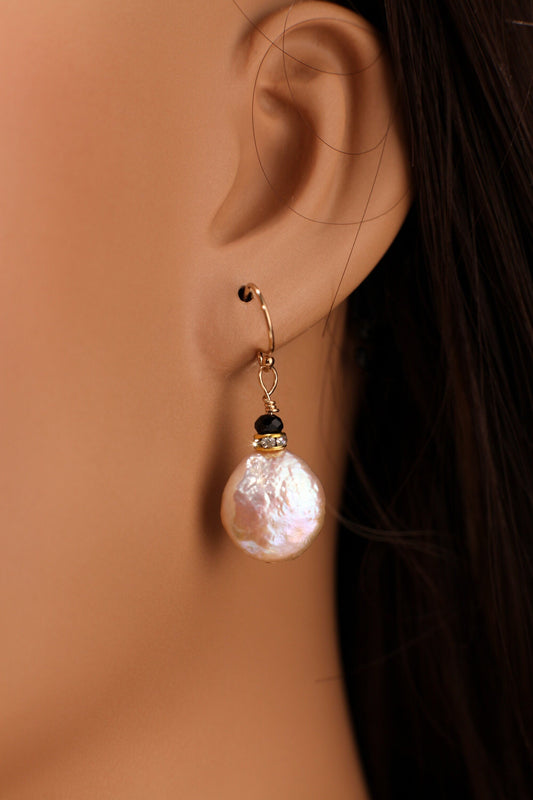 Natural Freshwater 13mm Coin Pearl.Peachy pink High Luster Dangling Wire Wrapped, Gold Filled or Sterling Silver earrings