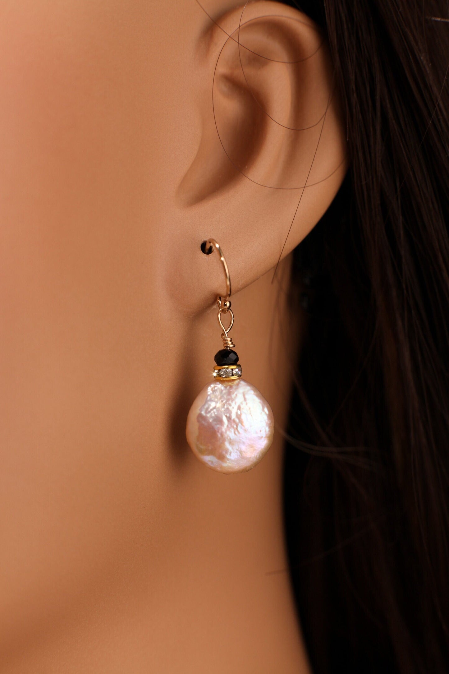 Natural Freshwater 13mm Coin Pearl.Peachy pink High Luster Dangling Wire Wrapped, Gold Filled or Sterling Silver earrings