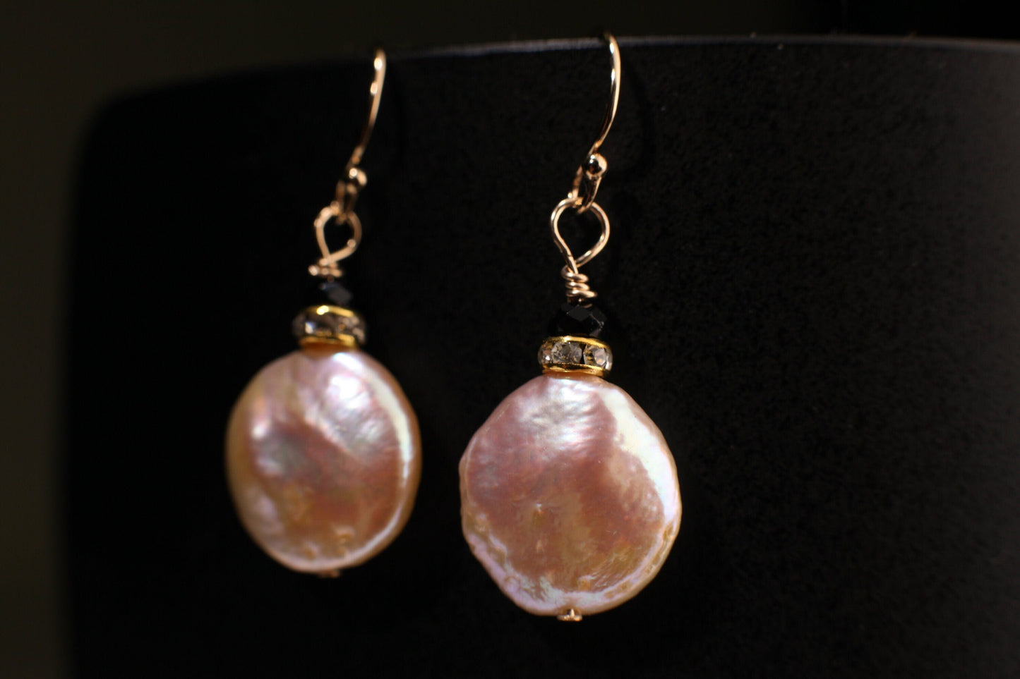 Natural Freshwater 13mm Coin Pearl.Peachy pink High Luster Dangling Wire Wrapped, Gold Filled or Sterling Silver earrings