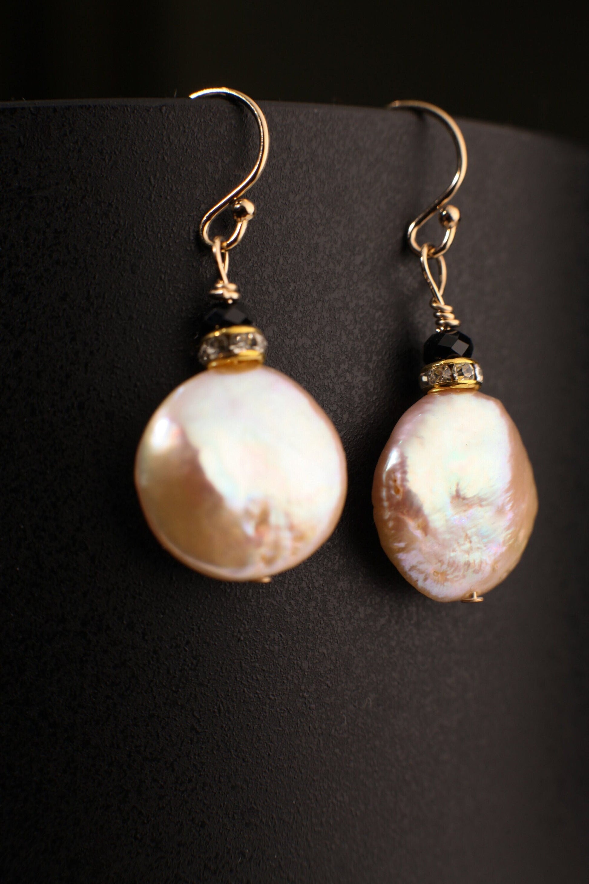 Natural Freshwater 13mm Coin Pearl.Peachy pink High Luster Dangling Wire Wrapped, Gold Filled or Sterling Silver earrings
