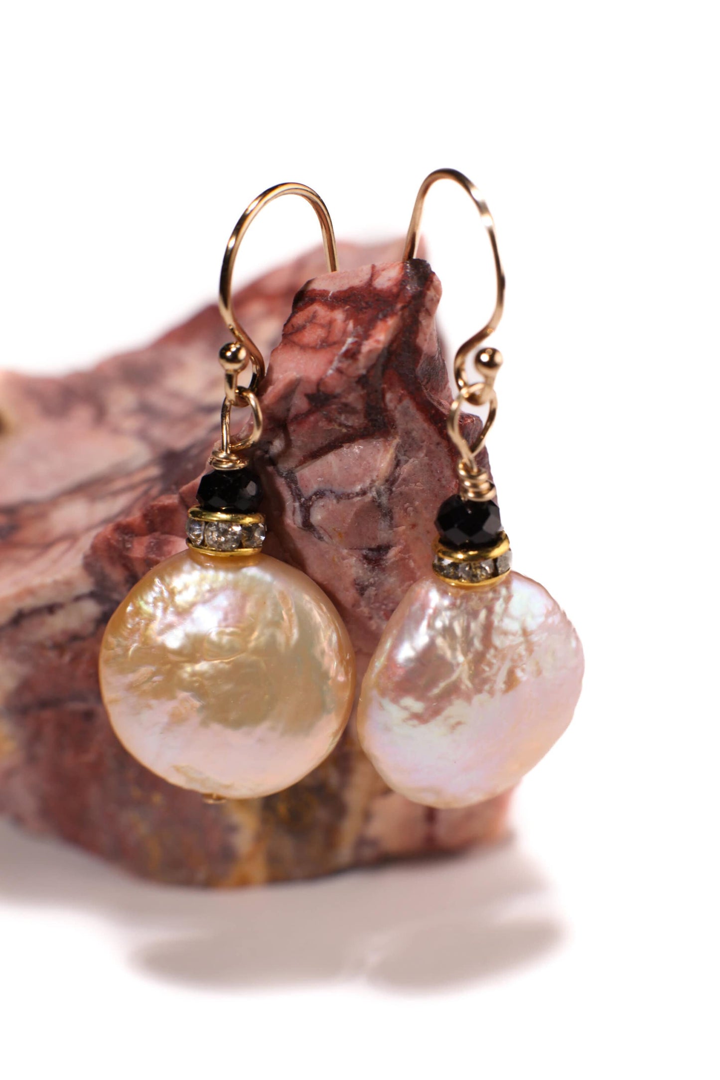 Natural Freshwater 13mm Coin Pearl.Peachy pink High Luster Dangling Wire Wrapped, Gold Filled or Sterling Silver earrings