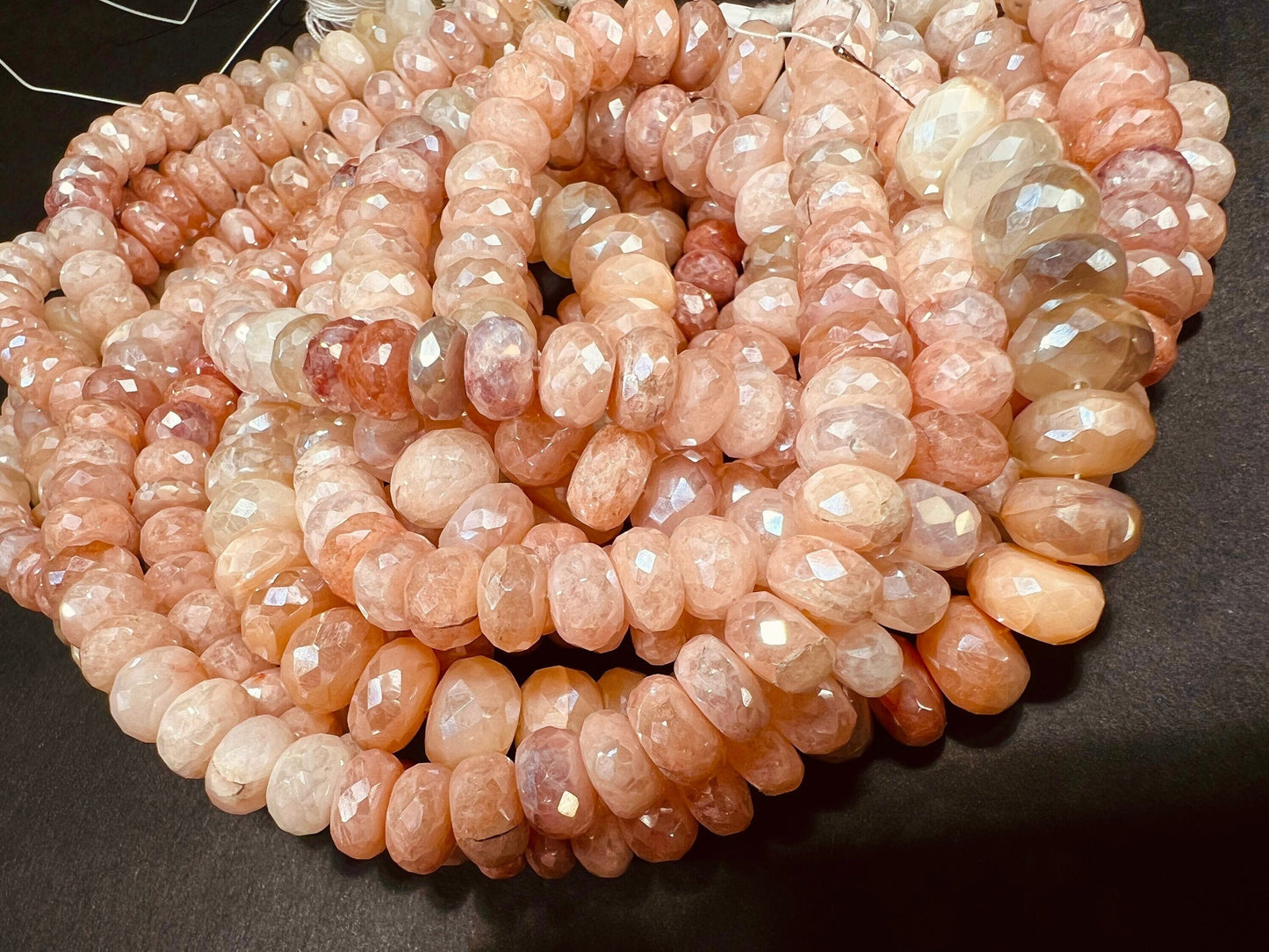 Natural bio peach Moonstone multi tone peach and baby pink shaded mystic 7-9.5mm roundel, Jewelry making super beautiful beads, 8&quot; strand