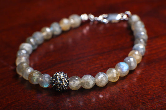 Labradorite Faceted Round 6mm Bracelet in 925 Sterling Silver Clasp, Natural Precious gift for her.