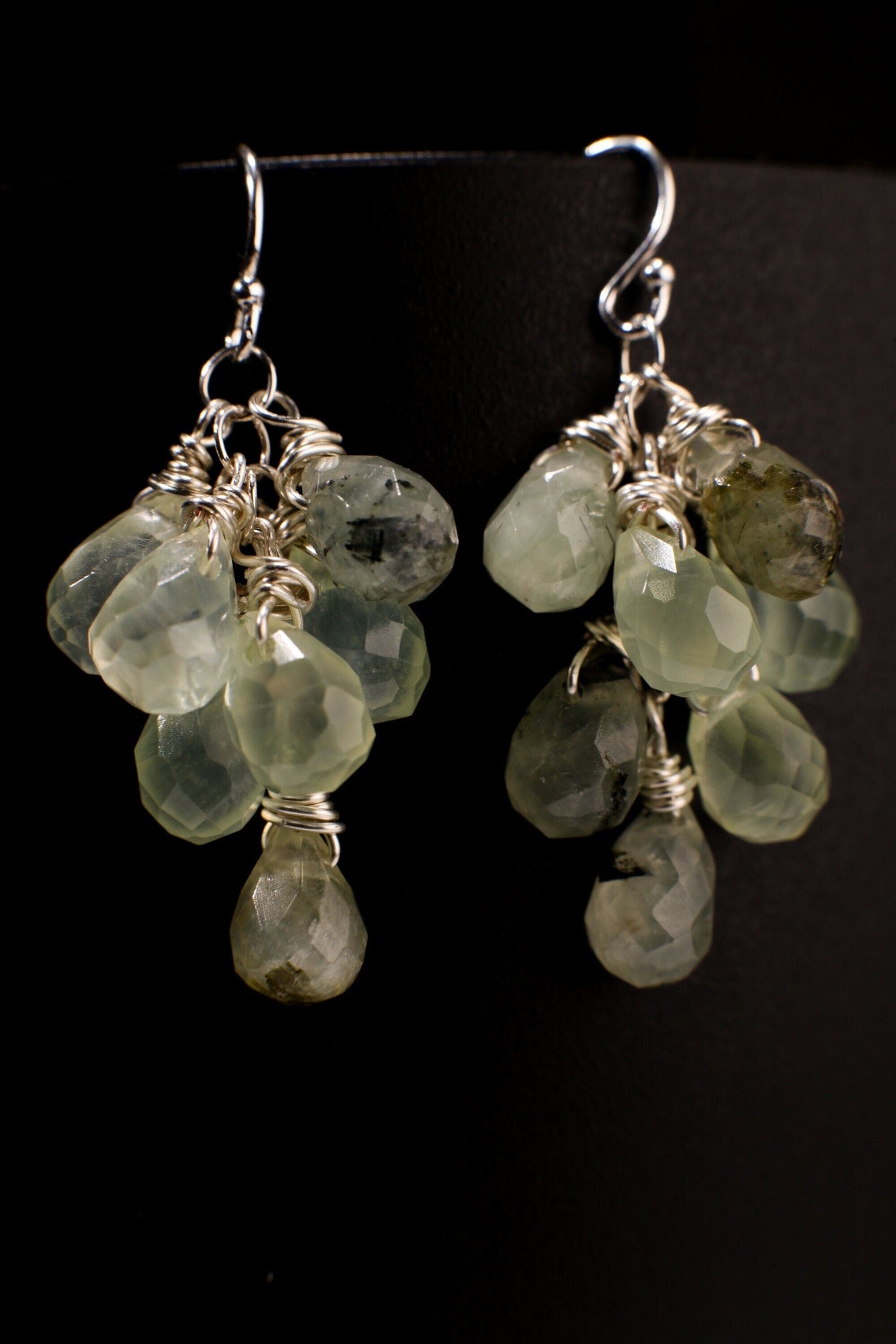 Natural Prehnite, Tourmalinated Quartz 6x9mm Faceted Briolette Drop Handmade Wire Wrap in Sterling Silver Earring