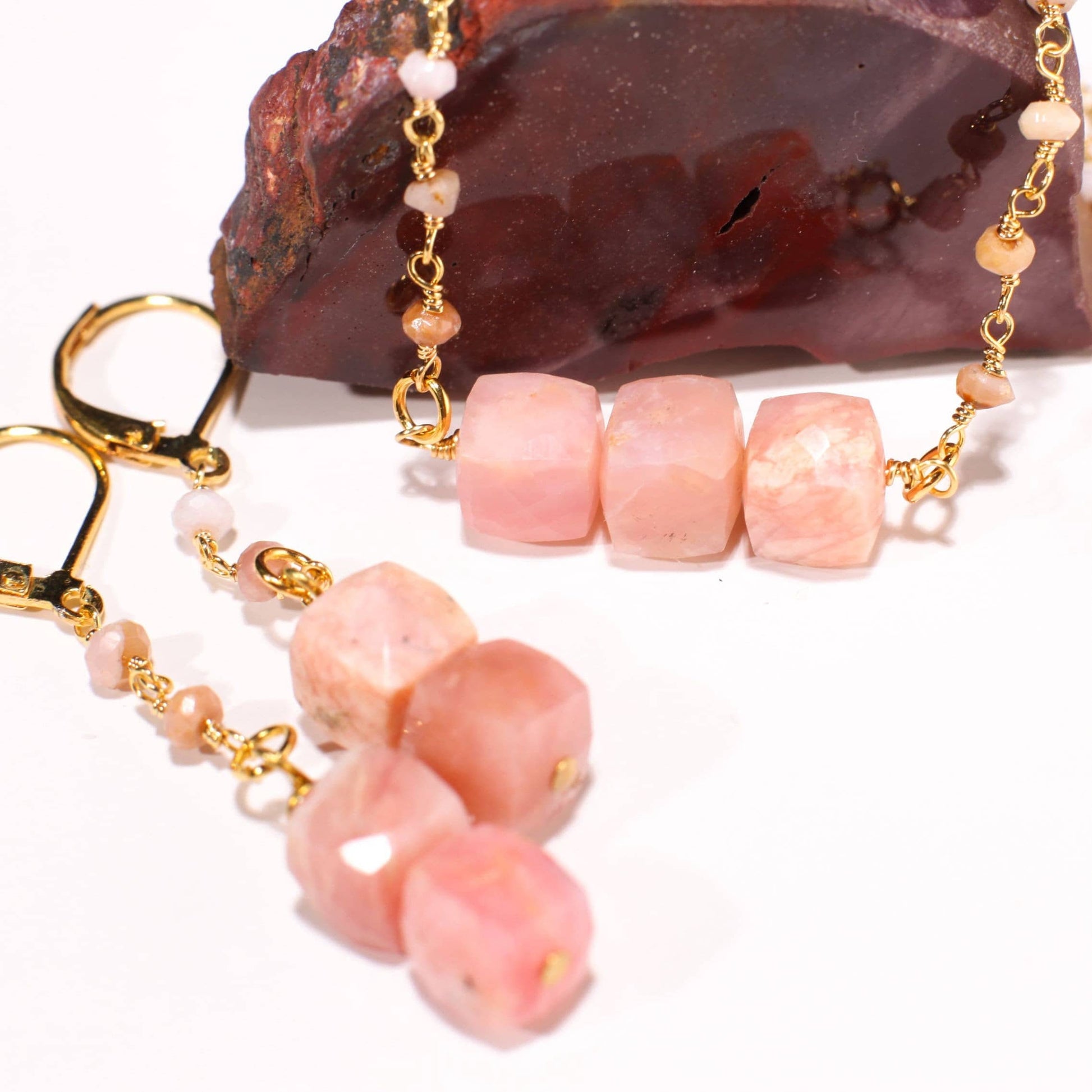 Natural Pink Peruvian Opal 8mm Cube Wire Wrapped, Pink Peruvian Opal Beaded Chain, Matching Leverback Earrings Set, Beautiful Pink Necklace