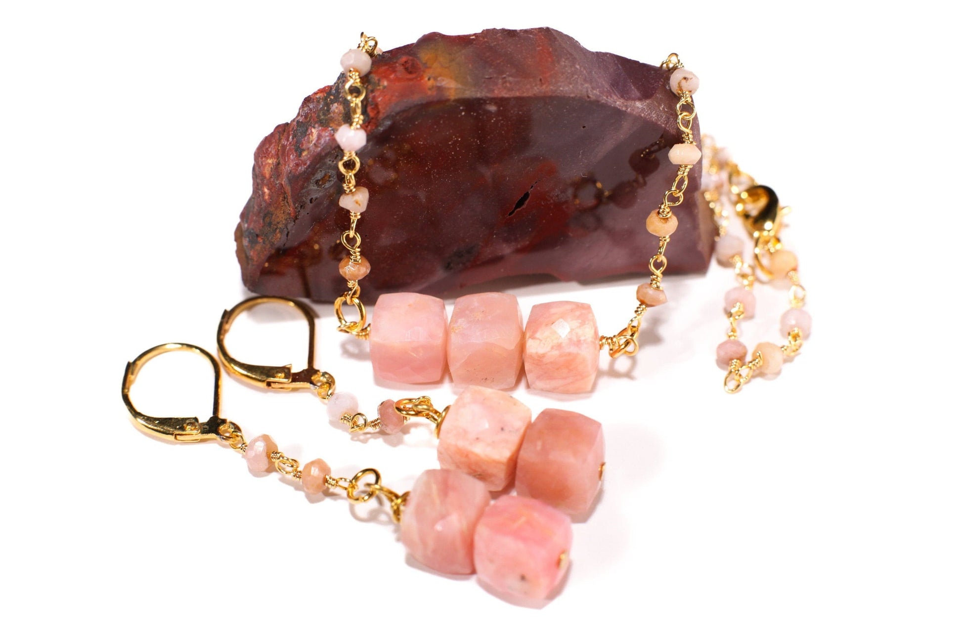 Natural Pink Peruvian Opal 8mm Cube Wire Wrapped, Pink Peruvian Opal Beaded Chain, Matching Leverback Earrings Set, Beautiful Pink Necklace