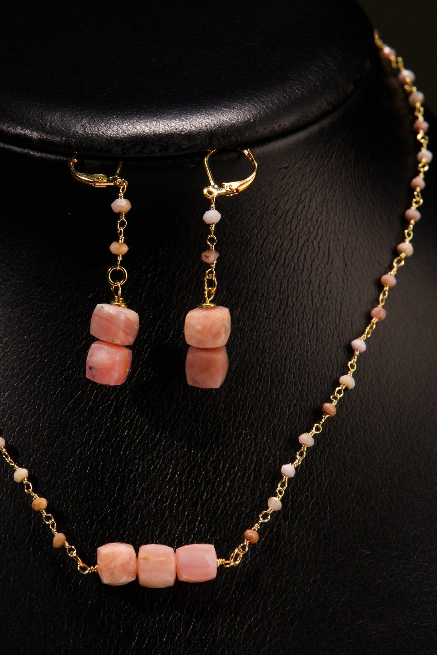 Natural Pink Peruvian Opal 8mm Cube Wire Wrapped, Pink Peruvian Opal Beaded Chain, Matching Leverback Earrings Set, Beautiful Pink Necklace