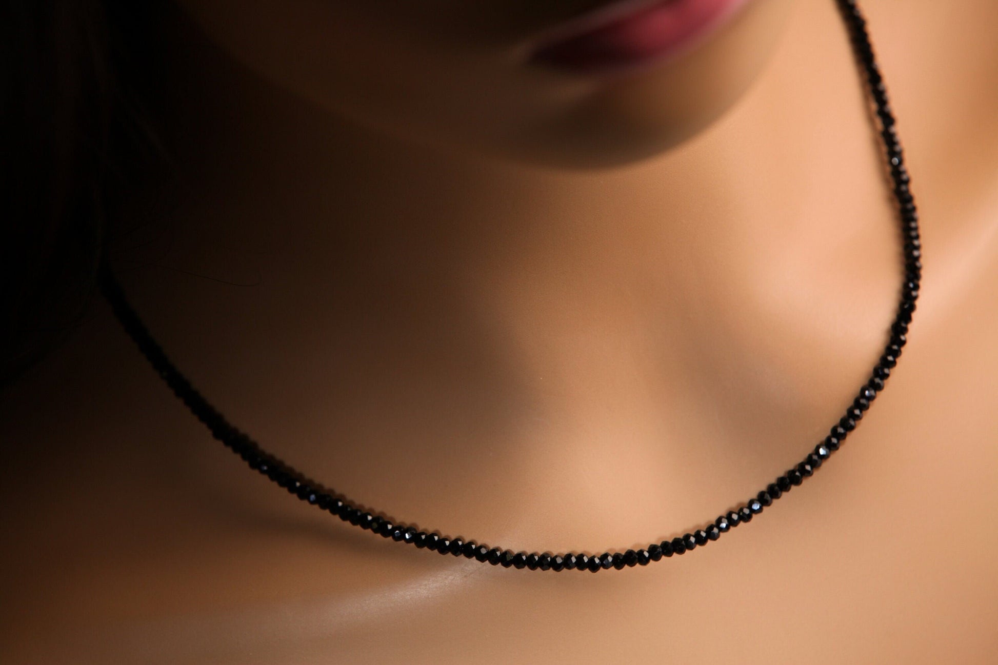 Natural Black Spinel Micro Faceted 3mm Diamond Cut 925 Sterling Silver Choker Layering Necklace Minimalist, Layering Necklace 14&quot; to 40&quot;