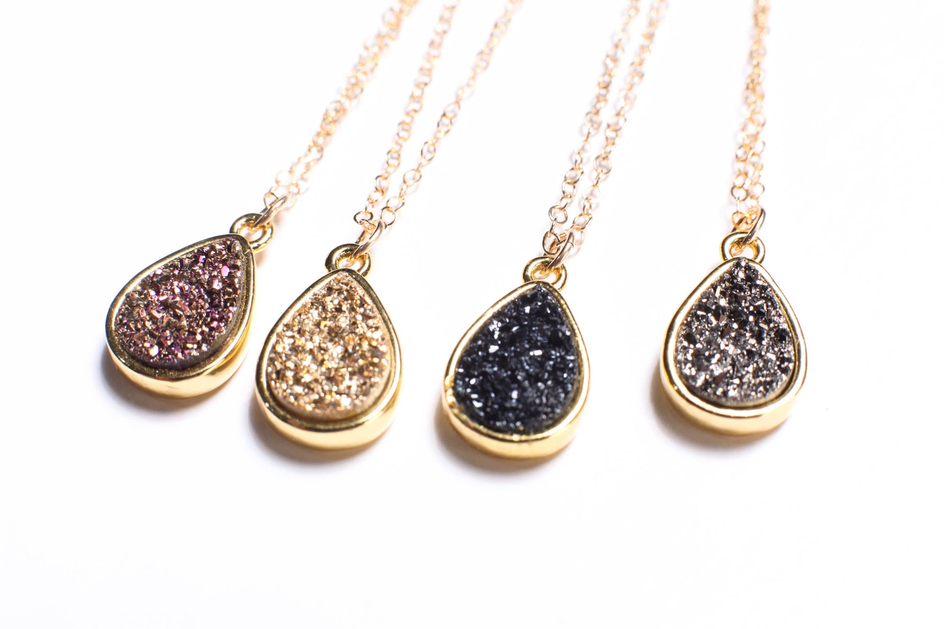 Druzy Geode Gemstone Pendant in 4 colors of Purple, Gold, Silver, Dark Navy Blue Sparkly, 14K Gold Filled Chain, 14", 16", 18",20" Necklace