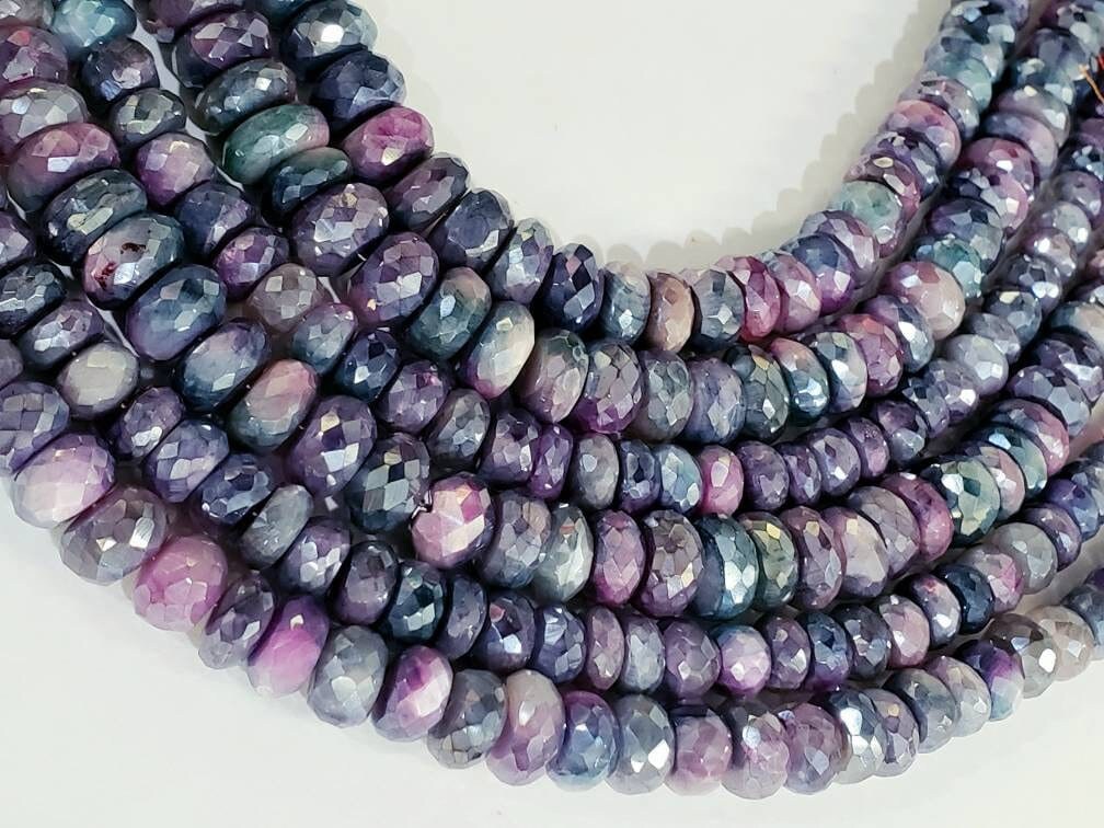 Natural bio purple Moonstone multi tone mystic 8mm - 10.5mm roundel, necklace bracelet earrings jewelry making beads, 8&quot; strand