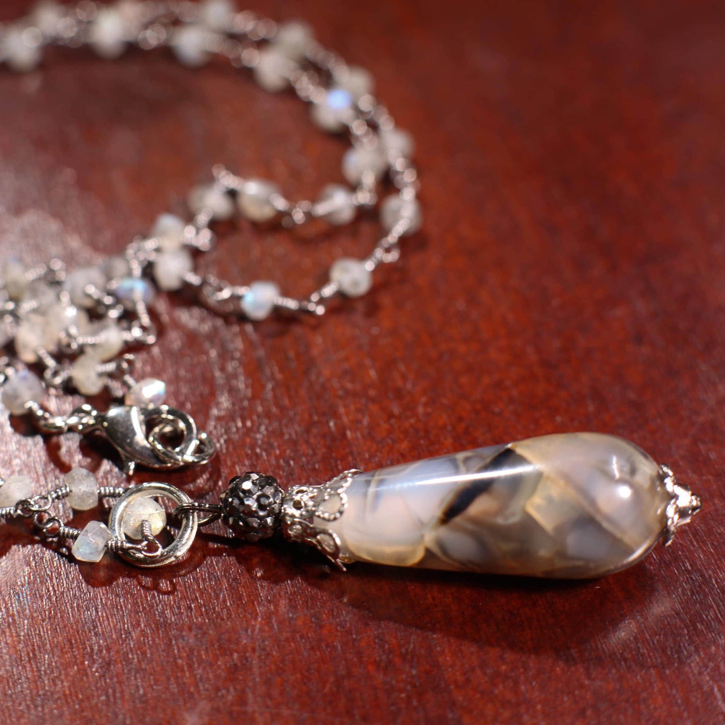 Genuine Fire Agate Long drop 12x32mm Teardrop Pendant, Gray Moonstone wire wrapped beaded handmade oxidized silver necklace 20” .