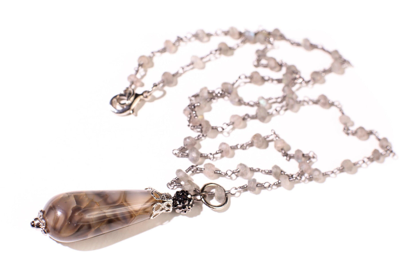 Genuine Fire Agate Long drop 12x32mm Teardrop Pendant, Gray Moonstone wire wrapped beaded handmade oxidized silver necklace 20” .