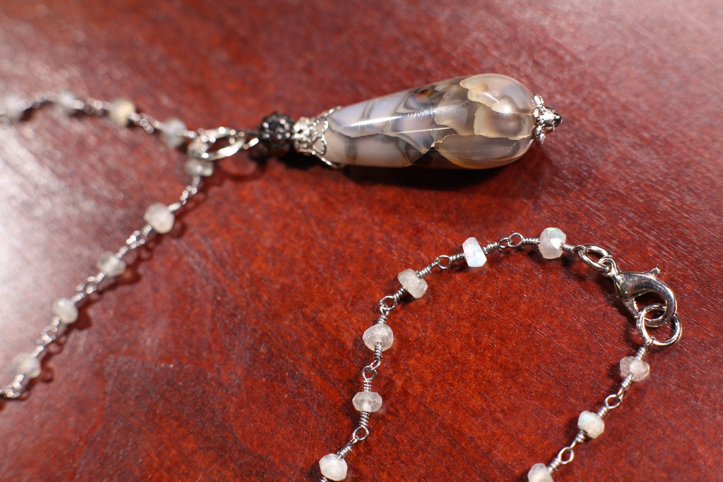 Genuine Fire Agate Long drop 12x32mm Teardrop Pendant, Gray Moonstone wire wrapped beaded handmade oxidized silver necklace 20” .