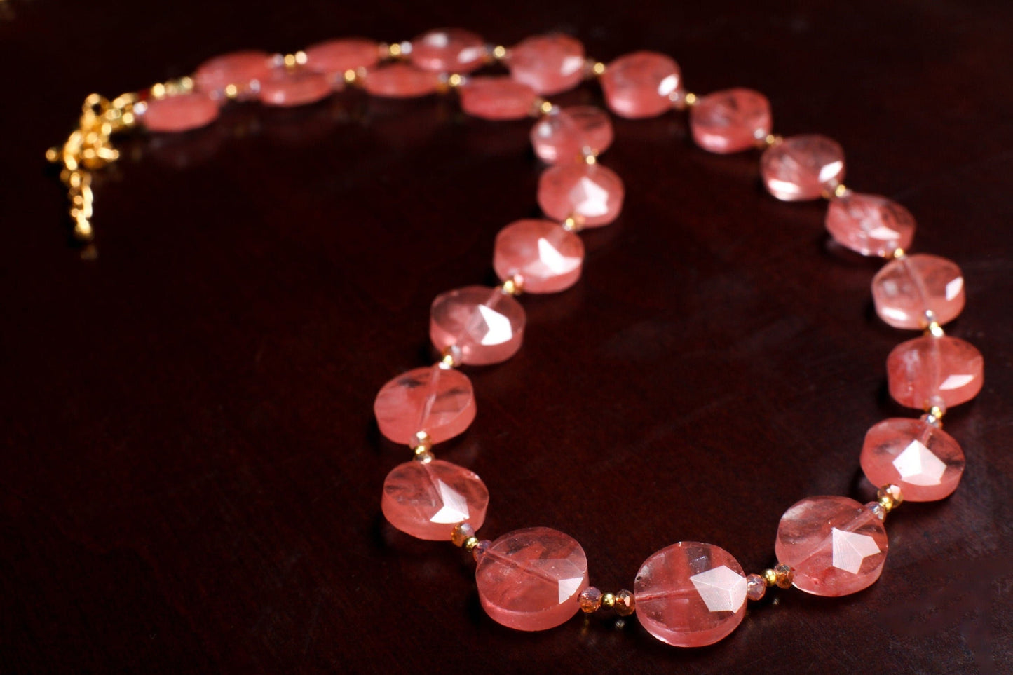 Watermelon Quartz Faceted 12mm Coin Shape in Strawberry Quartz 18.5&quot; Gold Necklace with 1.5&quot; Extension, Beautiful Summer Collection