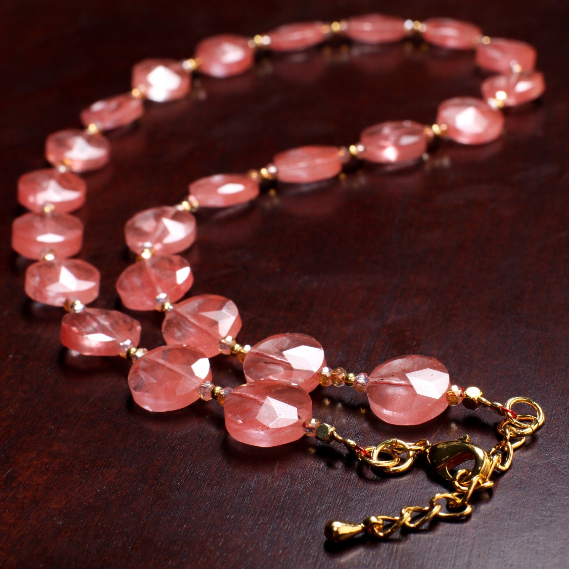 Watermelon Quartz Faceted 12mm Coin Shape in Strawberry Quartz 18.5&quot; Gold Necklace with 1.5&quot; Extension, Beautiful Summer Collection