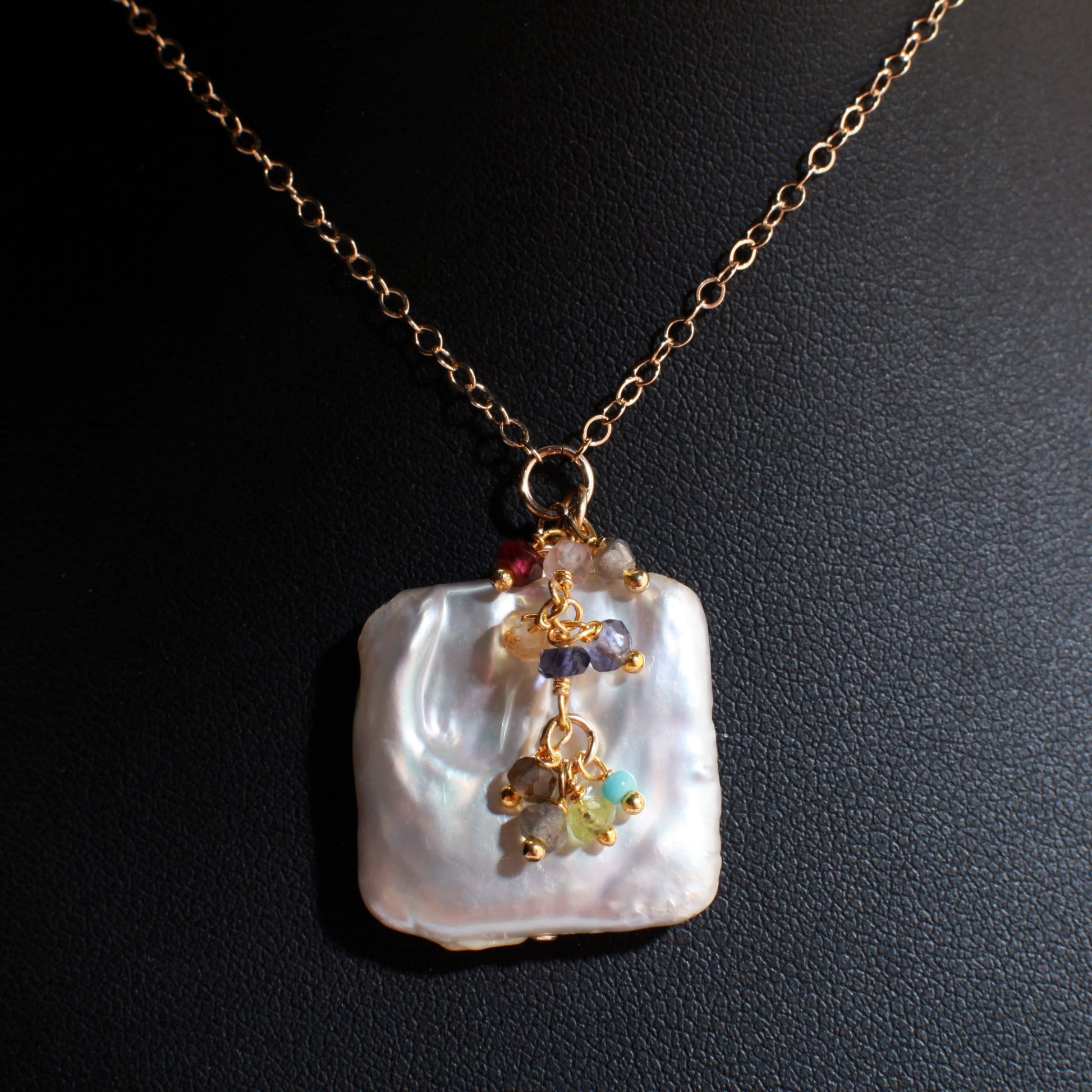 Baroque Pearl Necklace, Freshwater Square Baroque, Multi Gemstone Clusters, Iolite, Garnet, Peridot, Labradorite in 14K Gold Filled Necklace
