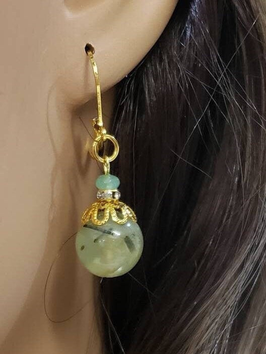 Natural Prehnite 12mm smooth round gold earrings. Beautiful elegant handmade minimalist natural gemstone earrings gift