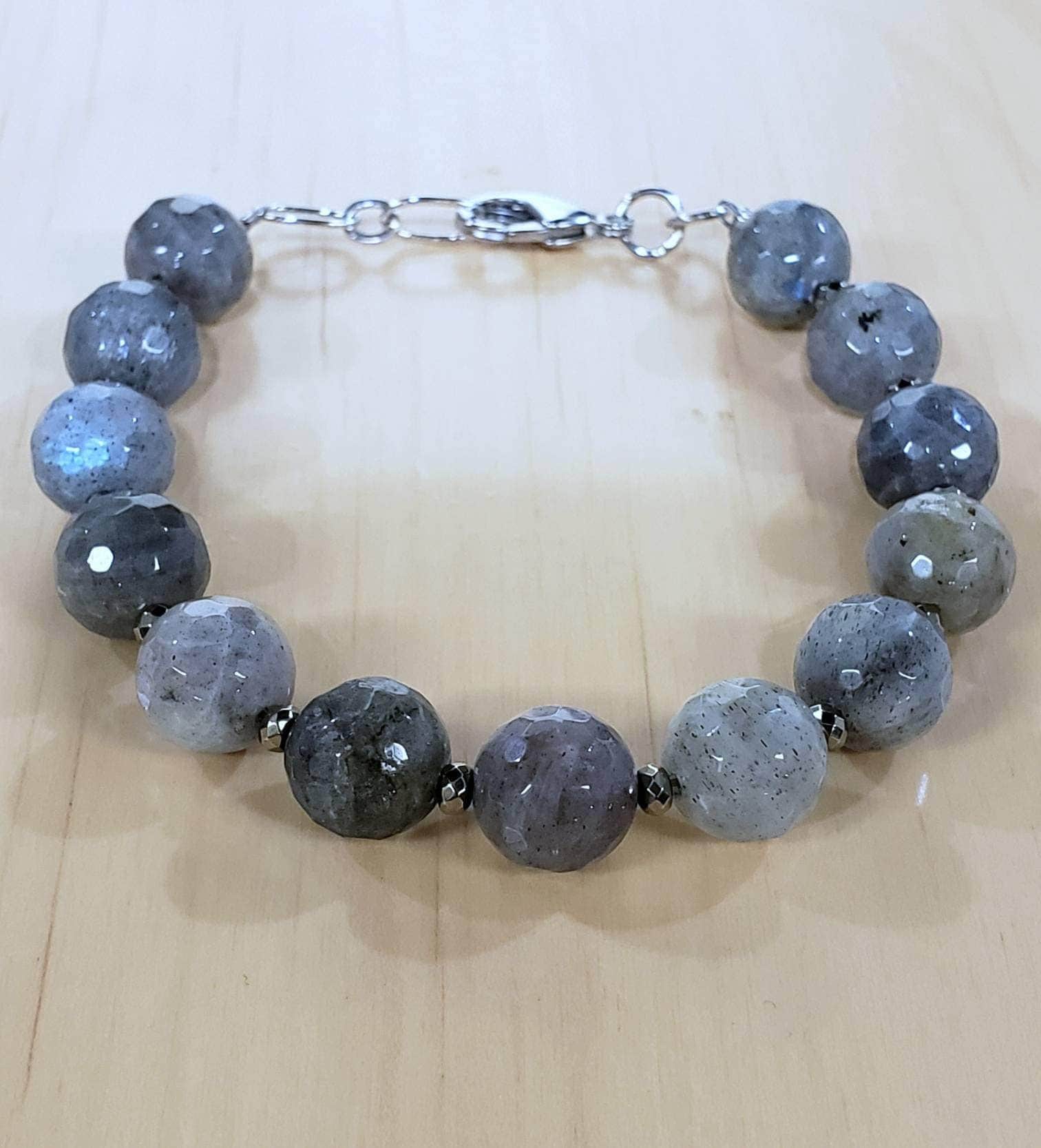 Labradorite 10mm faceted round pyrite accent matching Rhodium silver Clasp Bracelets, Gift for Man and Woman, Chakra, healing gems .