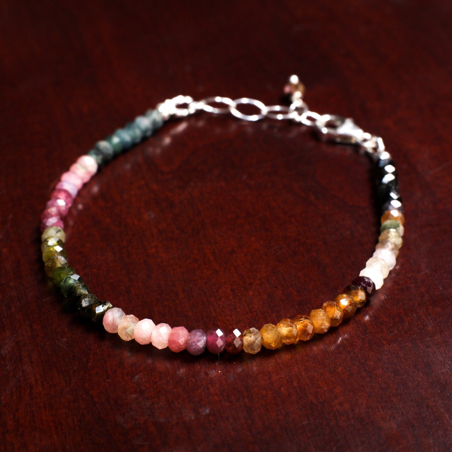 Watermelon Tourmaline Bracelet 4mm Faceted Rondelle Bracelet in 925 Sterling Silver with/without 1&quot; Extension Clasp, Gift for her