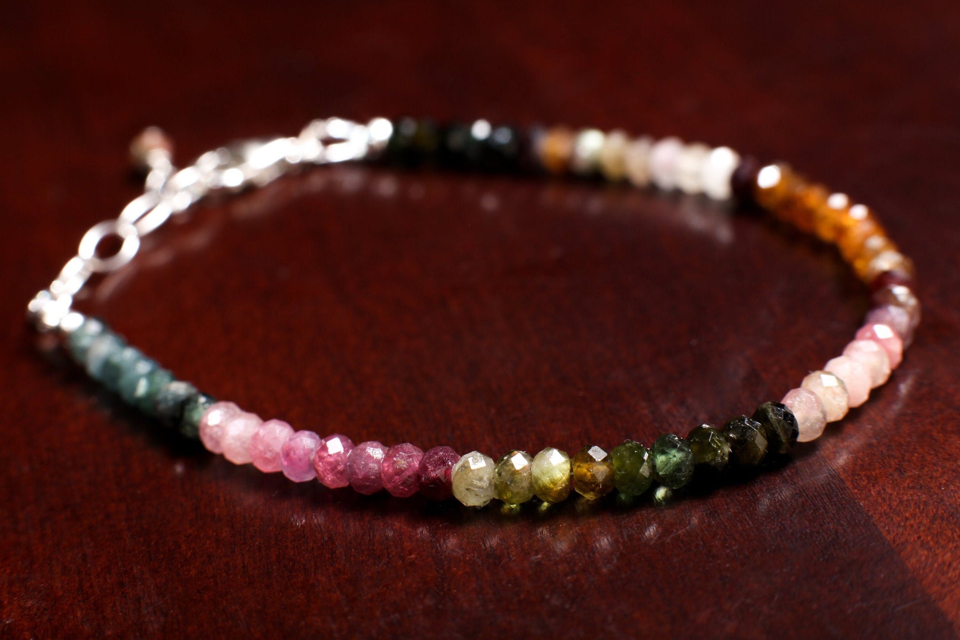 Watermelon Tourmaline Bracelet 4mm Faceted Rondelle Bracelet in 925 Sterling Silver with/without 1&quot; Extension Clasp, Gift for her