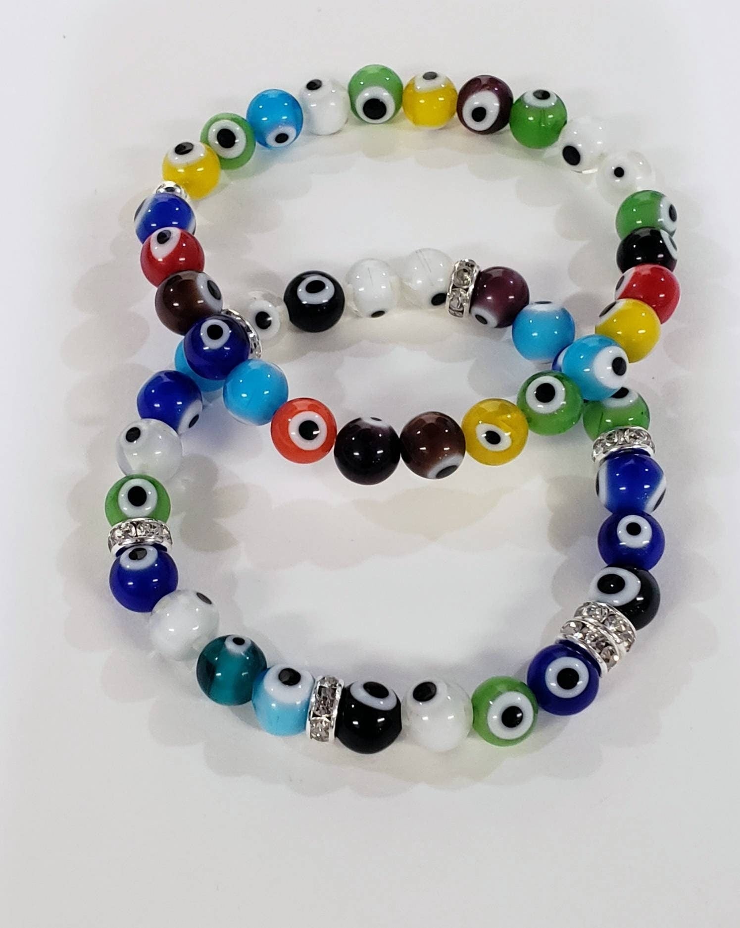 Evil Eye 8mm round protection Bracelet, stretchy with rhinestones roundel or without rhinestone. Man's woman gift, Chakra