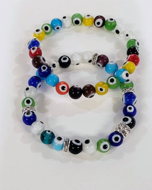 Evil Eye 8mm round protection Bracelet, stretchy with rhinestones roundel or without rhinestone. Man&#39;s woman gift, Chakra