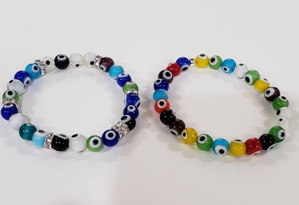 Evil Eye 8mm round protection Bracelet, stretchy with rhinestones roundel or without rhinestone. Man&#39;s woman gift, Chakra