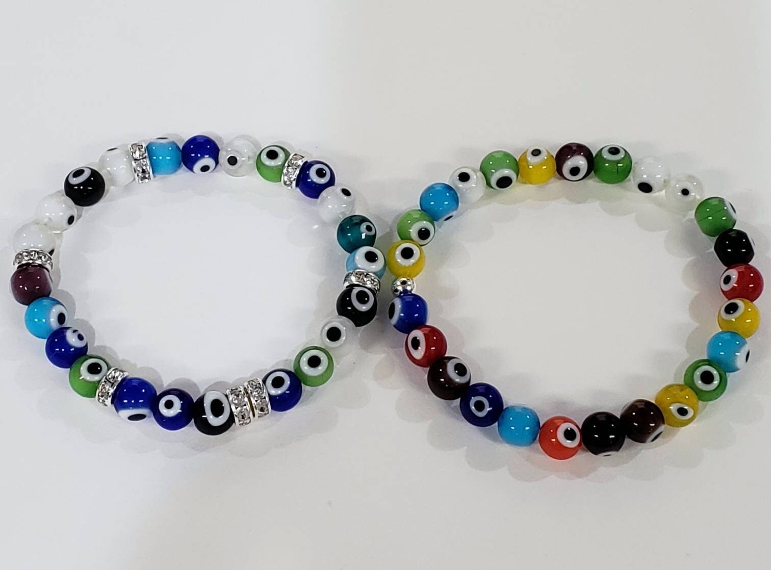 Evil Eye 8mm round protection Bracelet, stretchy with rhinestones roundel or without rhinestone. Man&#39;s woman gift, Chakra